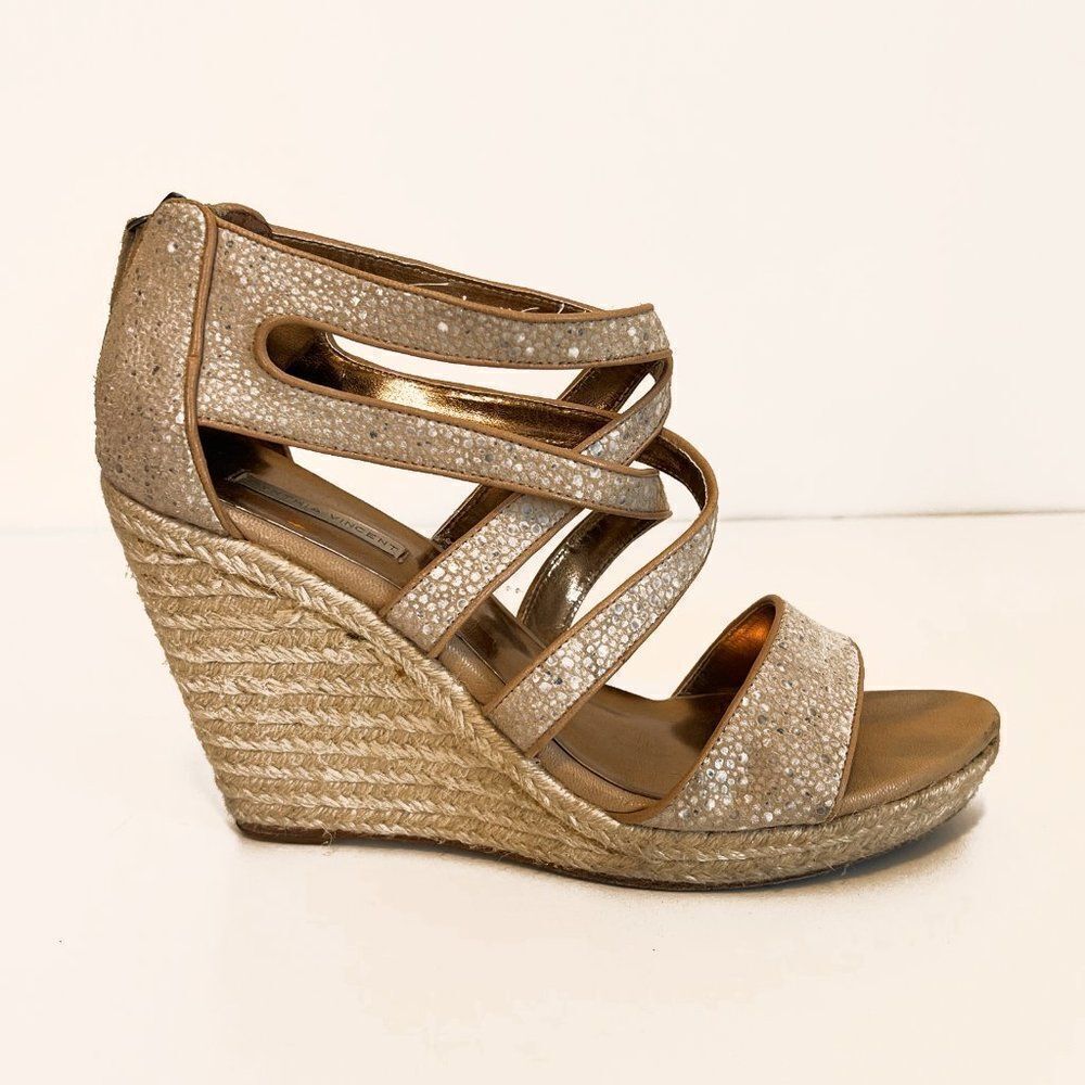 Cynthia Vincent Tan Speckled Leather Espadrille Wedge Sandals